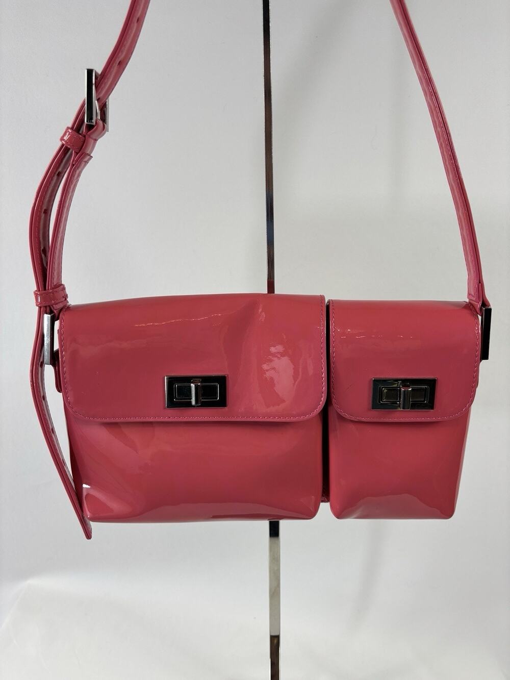 By Far Billie Patent Leather Top Handle Bag Bright Pink Pockets Toggles
